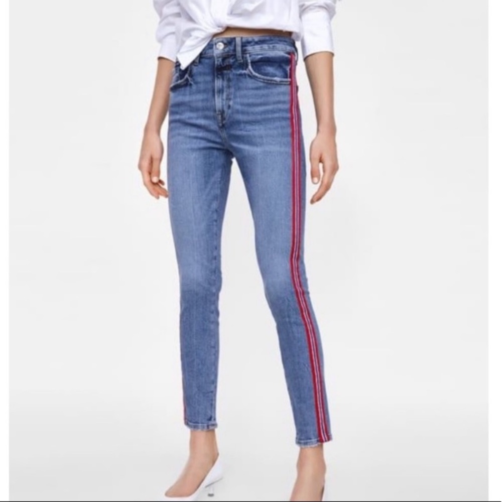 Zara red blue stripe side skinny jeans - Picture 1 of 7